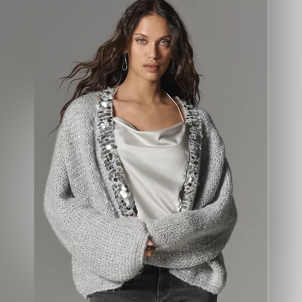 Anthropologie Silver Sequin-Trim Chunky Knit Cardigan
